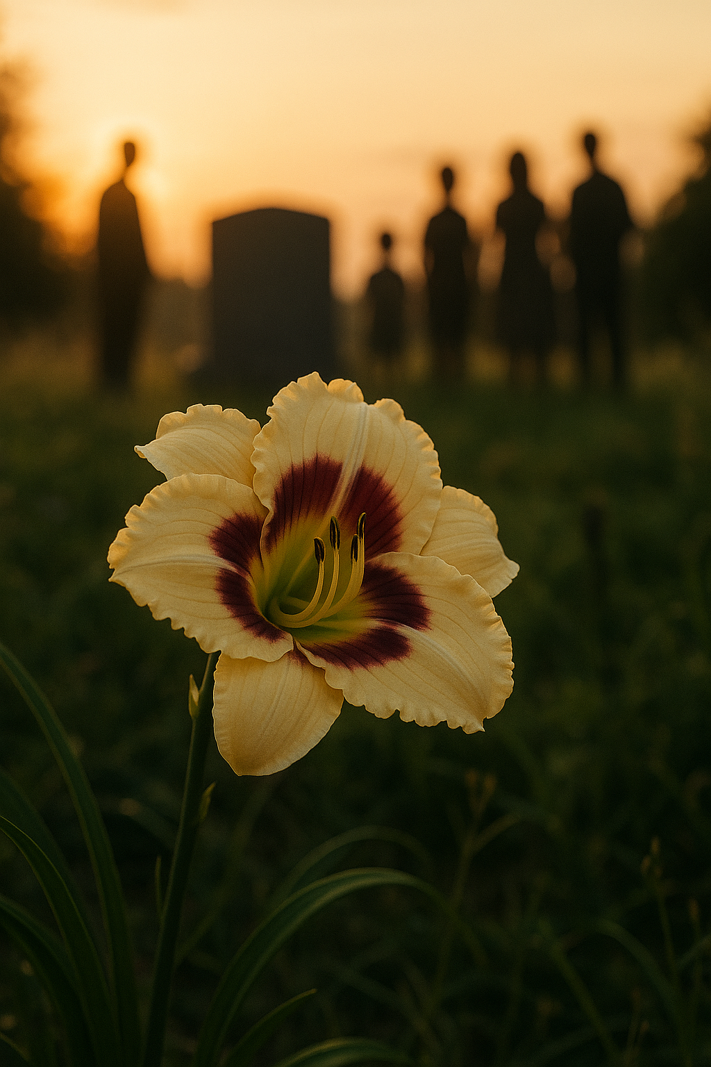 Yellow flower with a brown center in a field with silhouettes of people and memorial in the background.