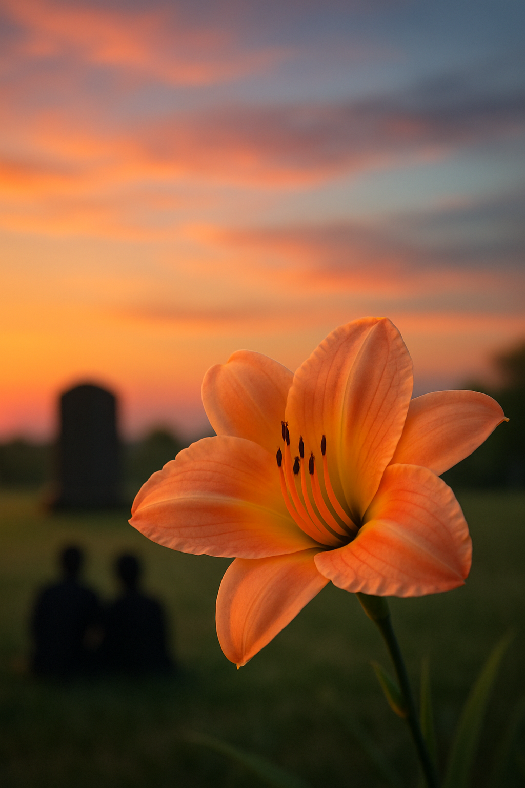 Single orange flower with a sunset sky and blurred silhouettes in the background