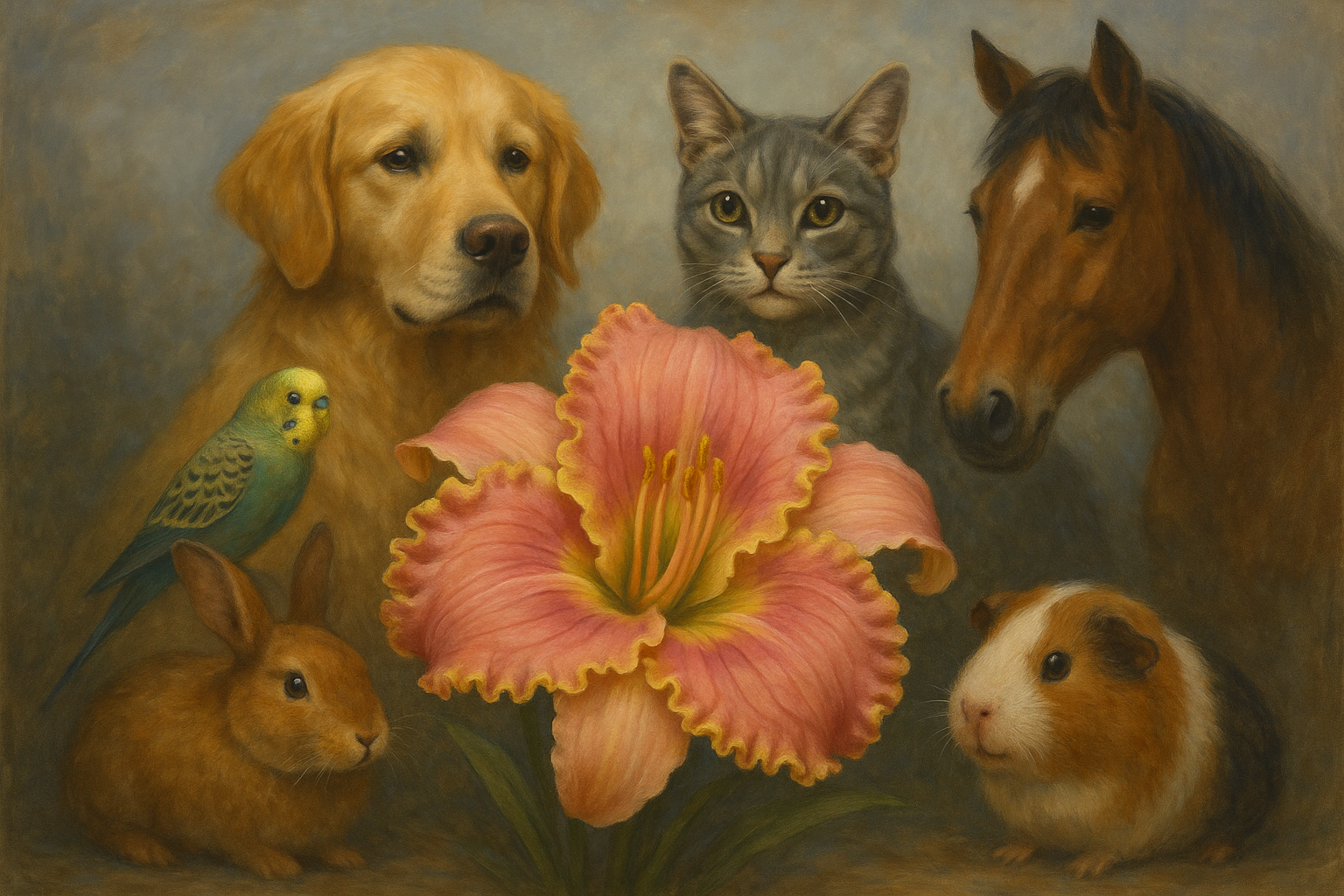 Illustration of a dog, cat, horse, rabbit, and guinea pig with a large pink flower.
