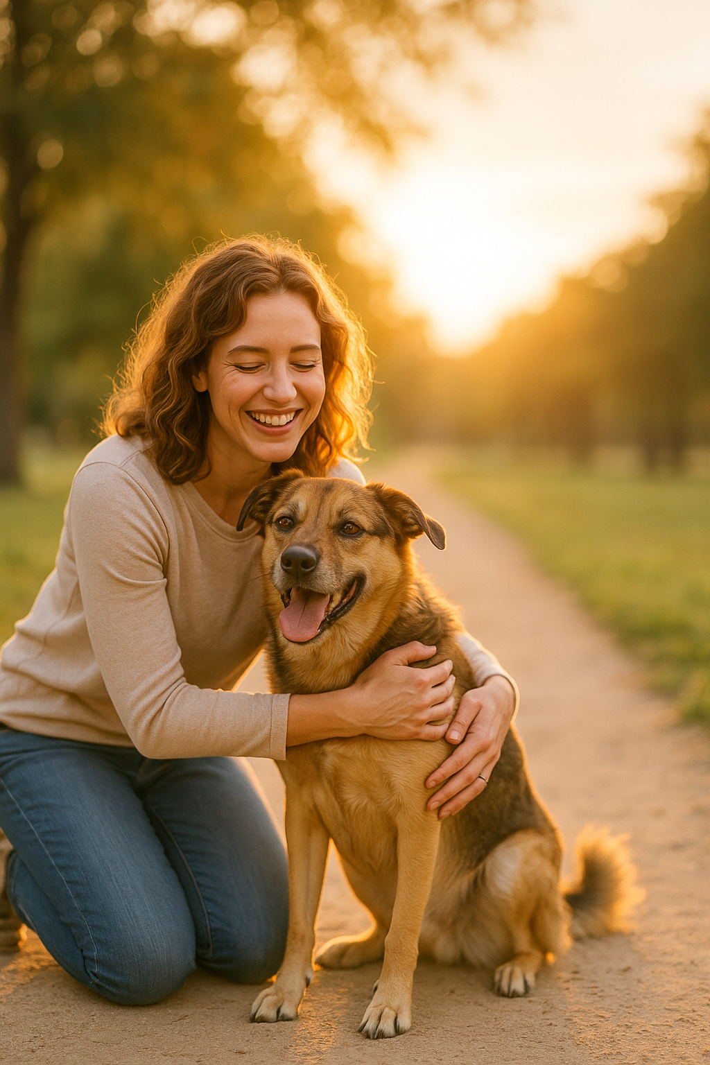 Woman sitting on a path with a dog, both smiling, during sunset.