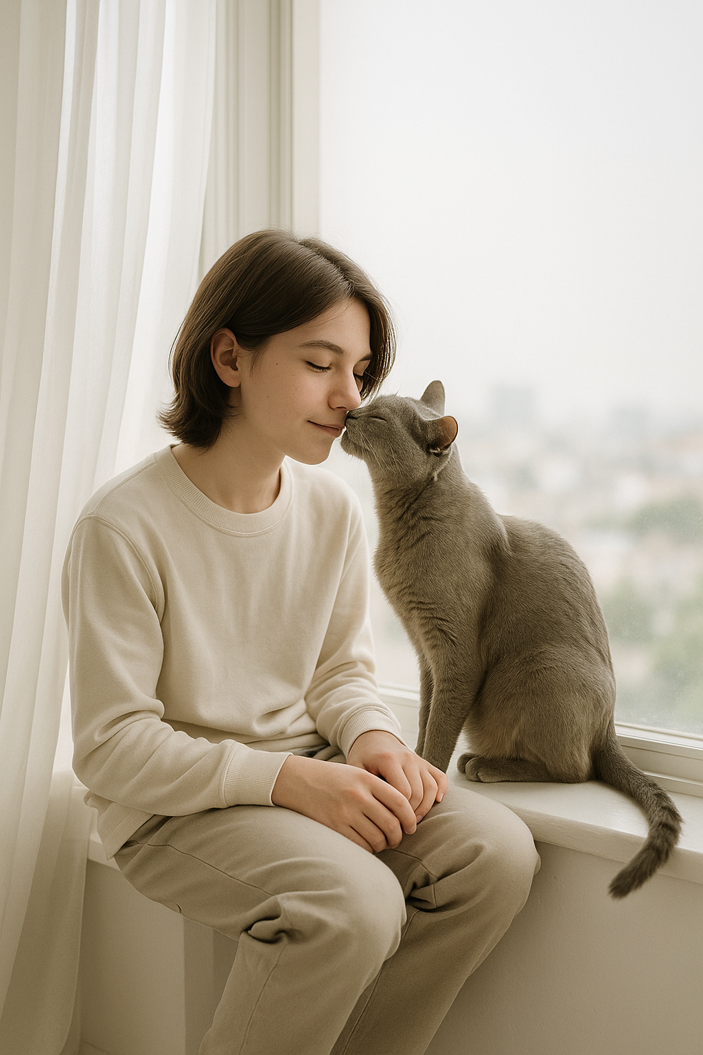Woman sitting by a window with a cat, both looking at each other.